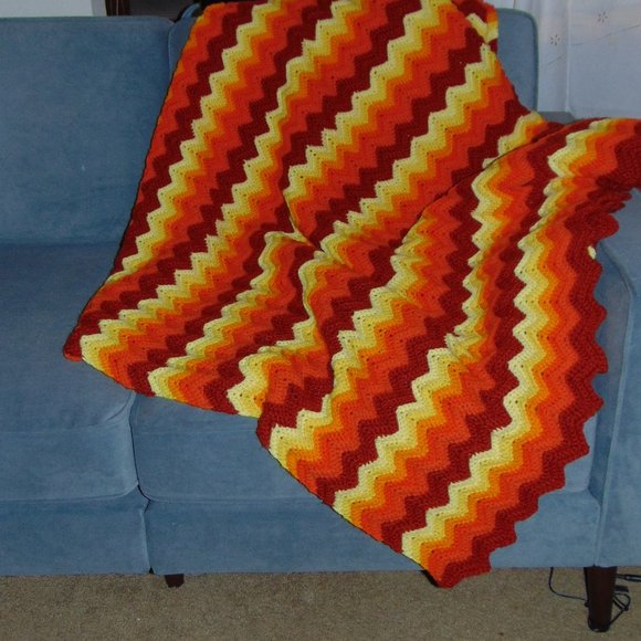 Vintage Crocheted Afghan, Ripple Chevron, Yellow/Orange/Rust, 45 x 84 - Picture 5 of 11